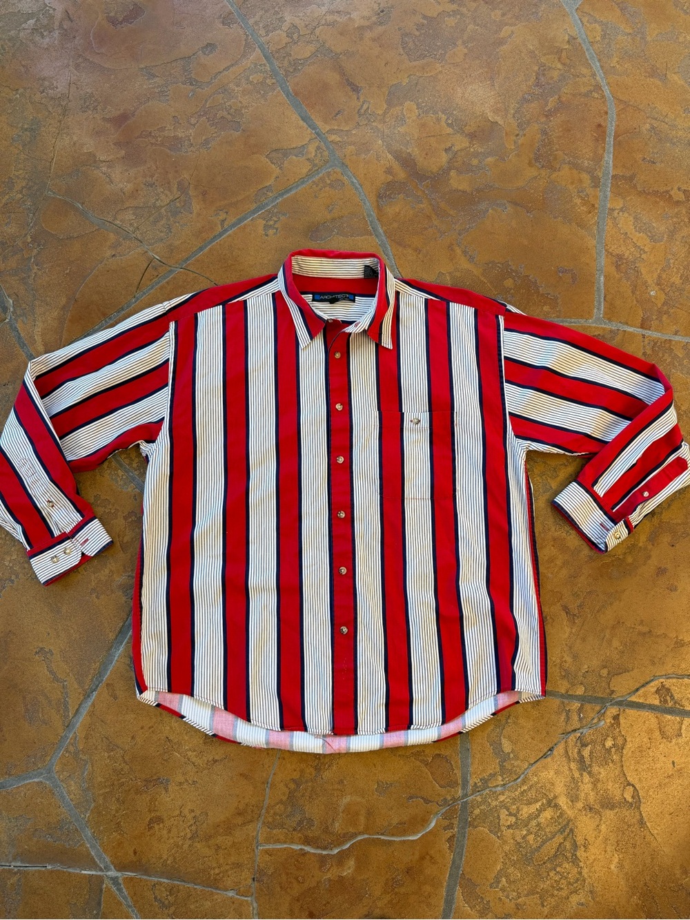 VTG Architect 100% Cotton Button-Up Red, White,Blue Striped Long Sleeve Men's L